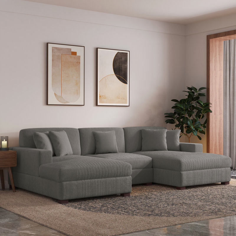 Milbrey 3 - Piece Upholstered Light Gray Corduroy Modular Sectional Sofa with Pillow Back and Solid Wood Legs
