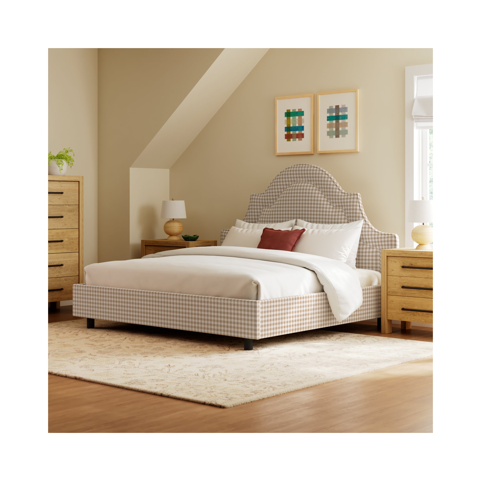 Knipe Upholstered Scalloped Bed, Classic Gingham Tan, King