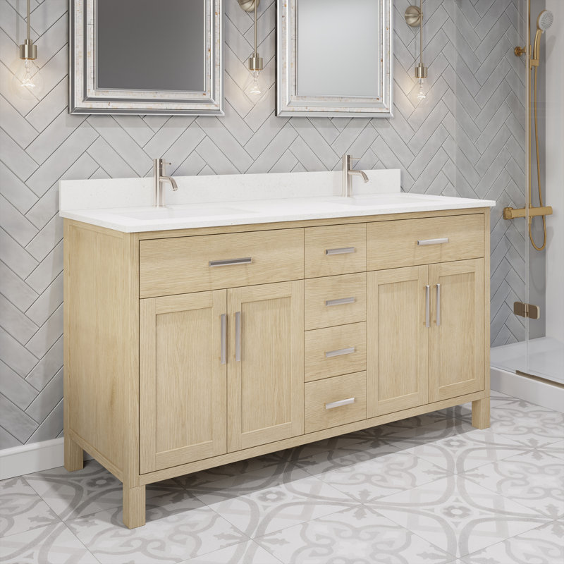 Ensemble de meuble-lavabo double en bois massif l 60 po x P 22 po Kali II, 60", Chêne patiné