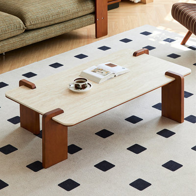 Solid Wood Coffee Table With Sintered Stone Tabletop, 47.24" Mid-Century Modern Rectangle Center Table With 200 Lbs Weight Capacity For Living Room, Easy To Clean