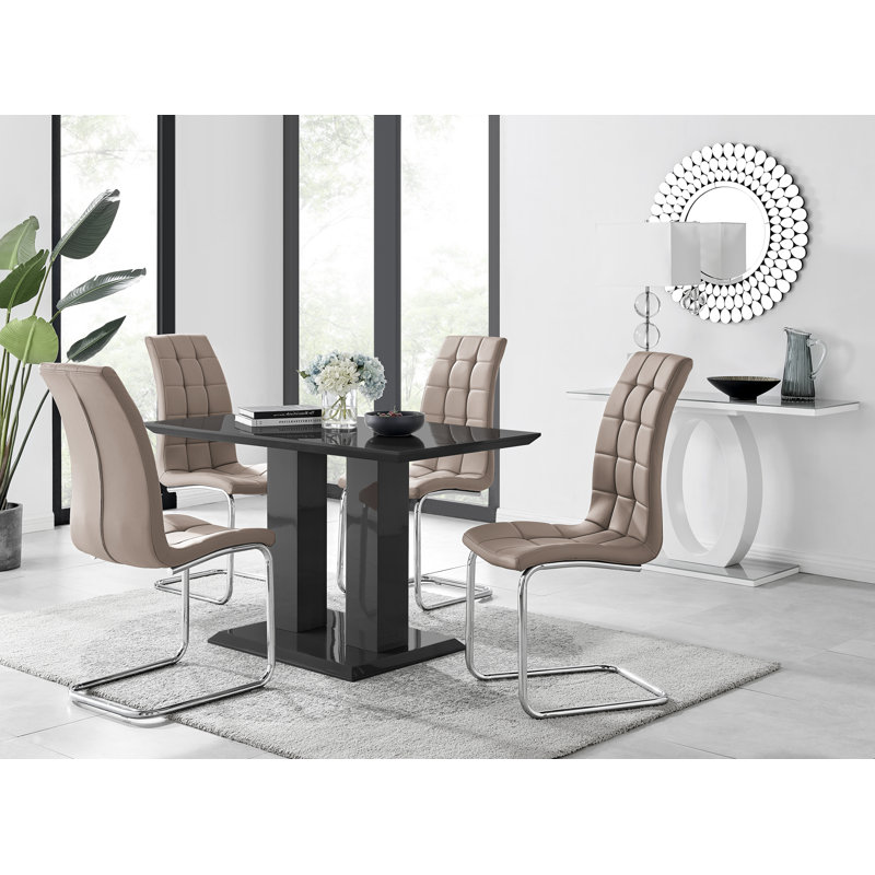 Eubanks High Gloss Double Pillar Dining Table Set with 4 Luxury Faux Leather Dining Chairs, Black, Cappuccino