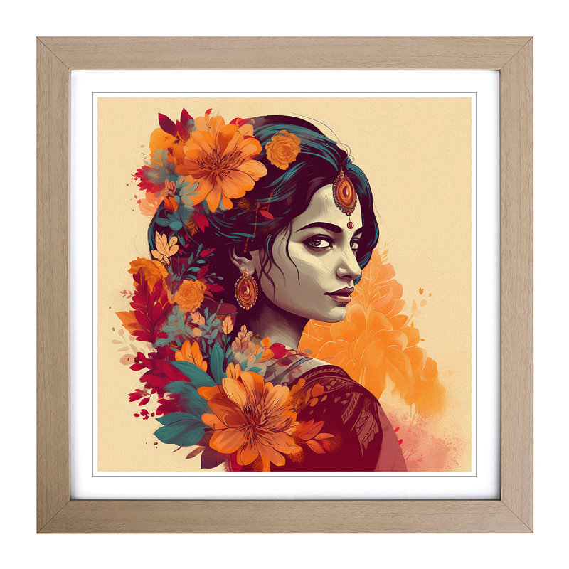 Indian Woman Floral - Single Picture Frame Print on Wood, Oak