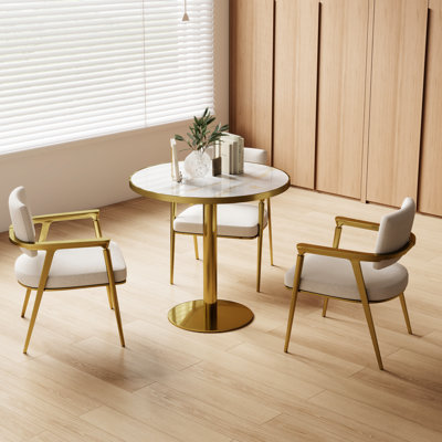 Table élégante et ronde de 31,5 pouces avec surface en pierre Snow Mountain ultrabrillante, bordures en alliage d'aluminium, pieds dorés, plateau en faux marbre bistro 33,32 po, structure en métal facile à assembler, fritté gris ardoise