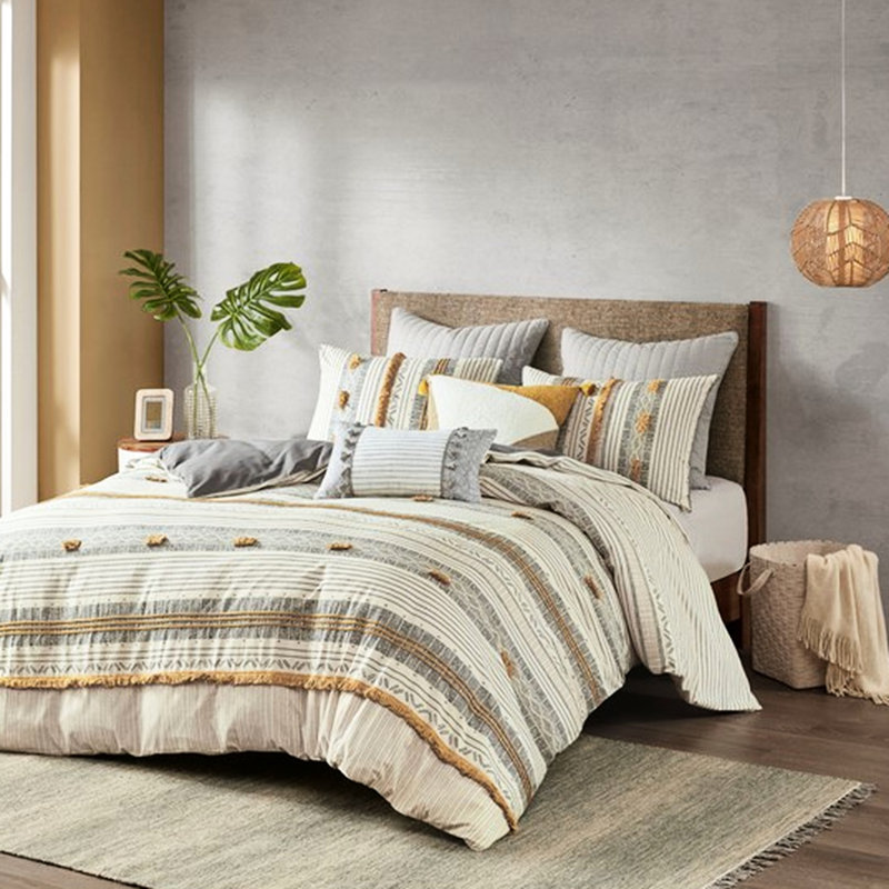 Housse de couette élégante en coton avec boutons de literie décoratifs 100% jaune et gris