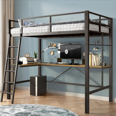 Matte black compact twin size loft bed frame, metal and MDF construction with integrated L-shaped desk and built-in charging station, includes safety guard and ladder