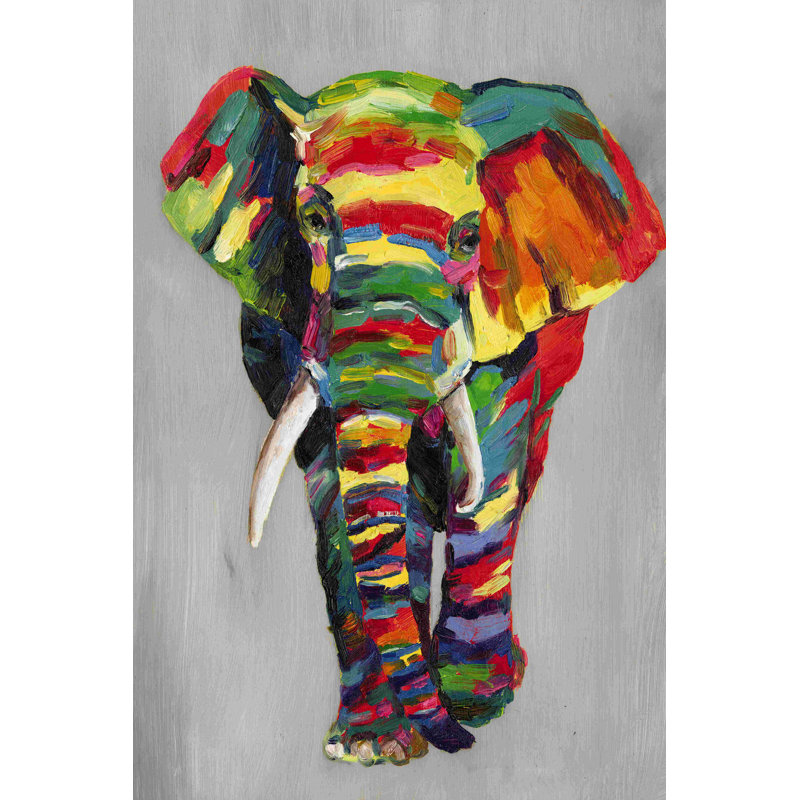 Éléphant coloré vif sur fond gris - peinture sur toile tendue, H 18 po x l 12 po