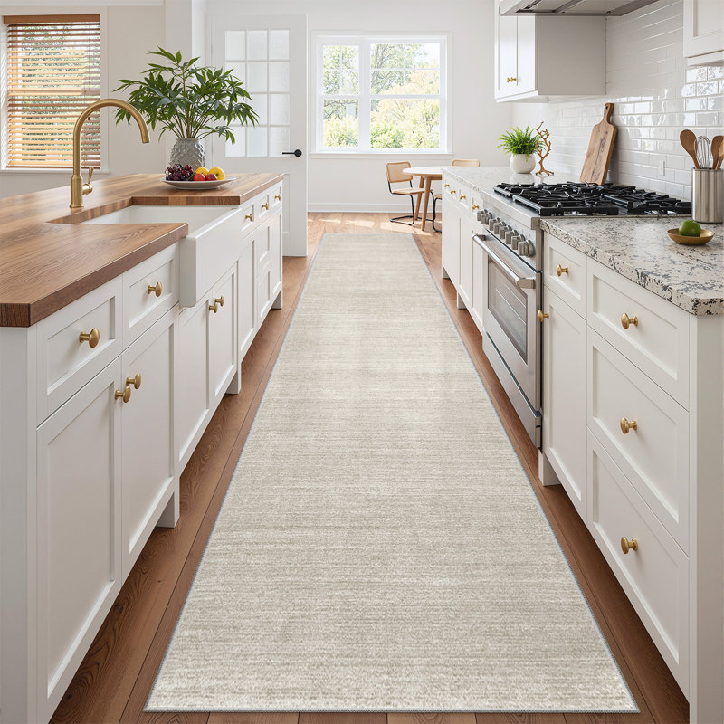 Tapis lavable à rayures rétro antidérapant (beige), Tapis de couloir 2 pi x 12 pi, Beige