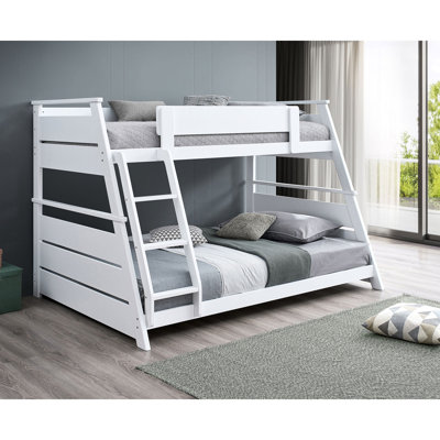 Lit superposé simple au-dessus d'un lit double au fini blanc, bois et réversible, ensemble de lattes pour l'installation, lit transitionnel pour chambre à coucher, finition blanche, fabrication en bois d'hévéa, conception, ensemble complet,