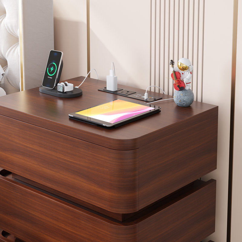 Fully Assembled 3-Drawer Nightstand with Charging Station and Motion Sensor RGB Light, Curved Profil, Walnut