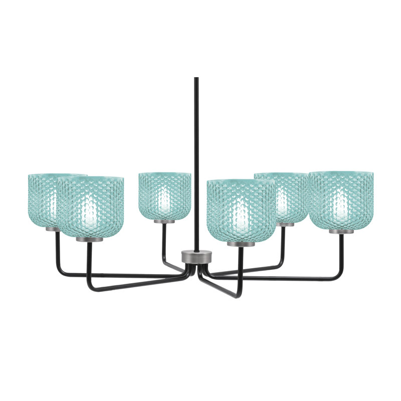 Lustre 6 lumières Amarmula, noir mat et finition graphite, verre texturé turquoise 6 po, Sarcelle, Noir / nickel