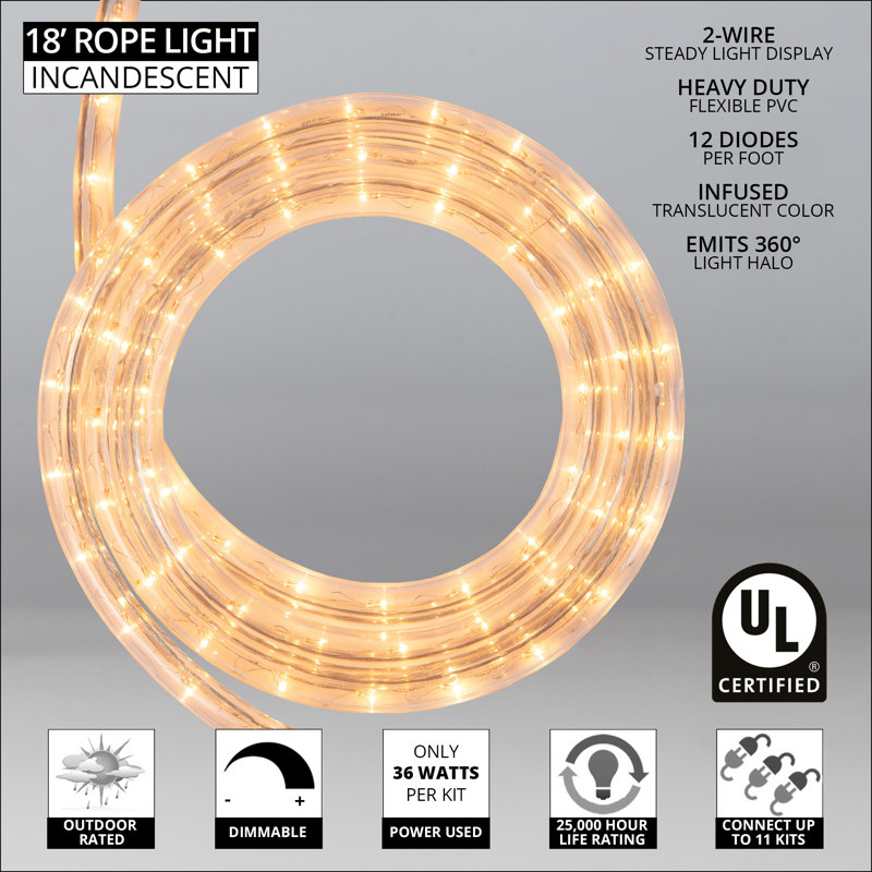 18FT 216 Light End-to-End Connectable Rope Lights, Clear