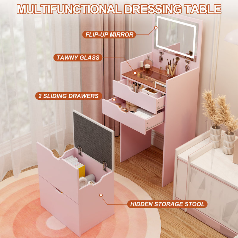 17.9" Compact Flip-Top Vanity Set with Lighted Mirror & Storage Stool, Pink, Pink