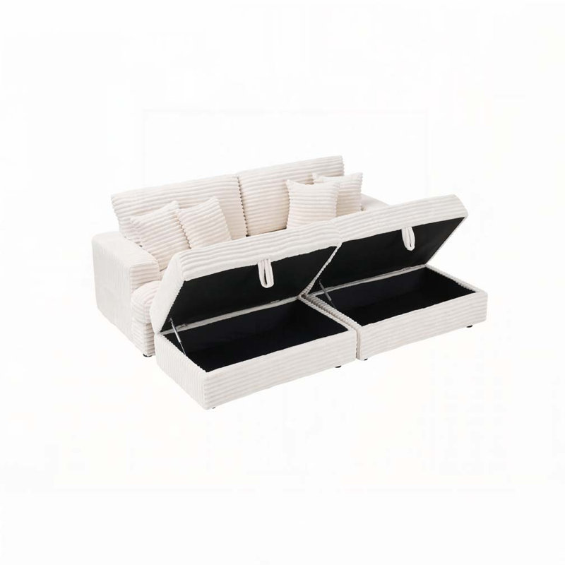 Canapé avec repose-pieds Corduroy, Blanc