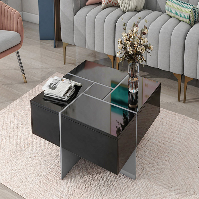 Table basse 31,5 "carrée, plateau coulissant, 4 compartiments cachés, ultrabrillante - moderne, Black