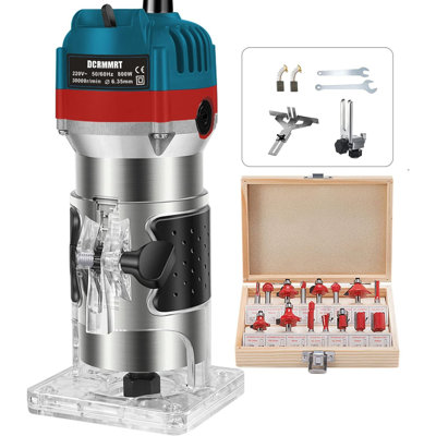 Compact Wood Router Tool- 15 Pieces 1/4" Router Bits Woodworking Trimmer Electric 1.25hp Handheld Corded Palm 800w