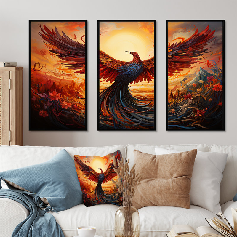 Art mural, résilience, renaissance du Phénix II, H 28 po x l 36 po, Cadre flottant noir