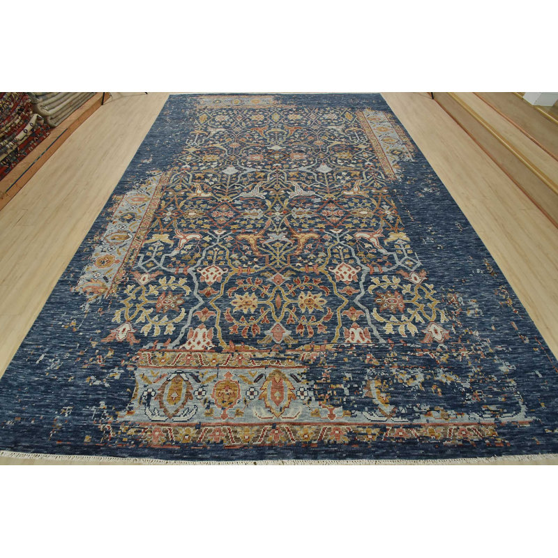 Tapis oriental moderne en laine bleu noué à la main 10 pi x 14 pi 2 po Modern