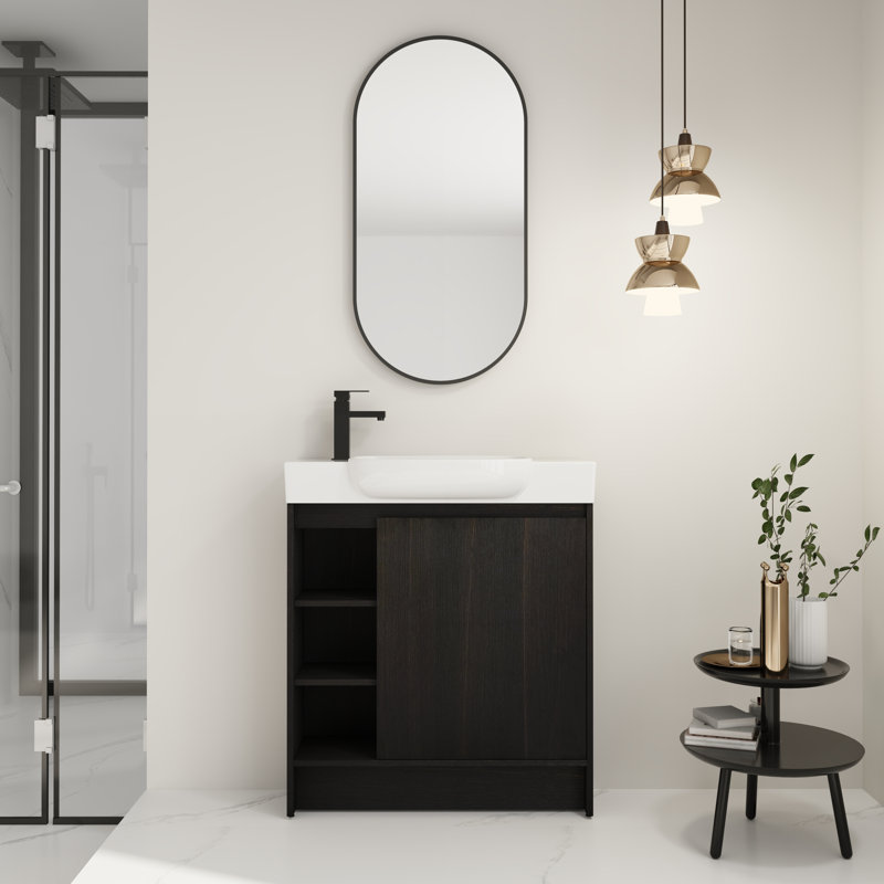 Meuble-lavabo autoportant de 30 pouces avec lavabo en céramique blanche et porte à fermeture en douceur, Chêne foncé