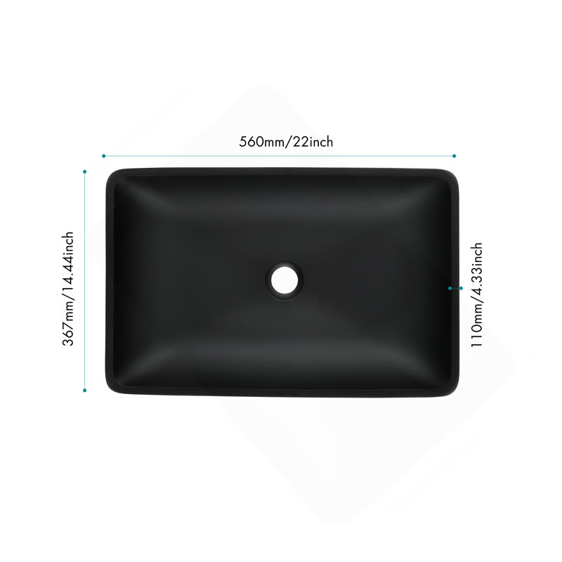 Lavabo de salle de bain vasque rectangulaire 22 po x 14 po, verre noir mat avec robinet assorti et bonde escamotable