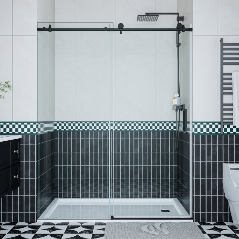 Porte de douche sans cadre H 76 po, imperméable, poignée en acier inoxydable, bande d'étanchéité, verre trempé