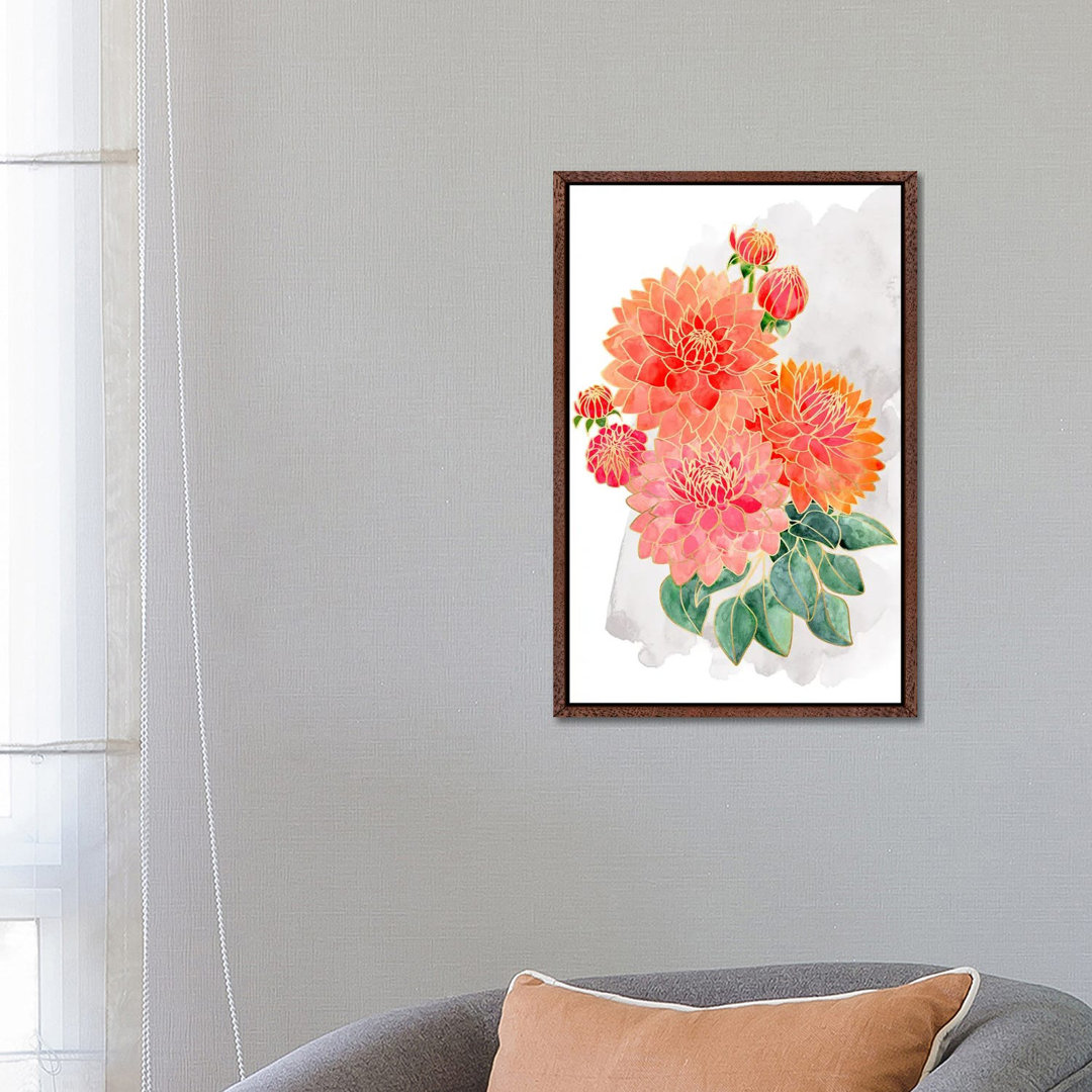 Pacey Dahlien Bouquet In Coral Watercolor von Blursbyai - Galerie-verpackt Leinwand Giclée auf Leinwand