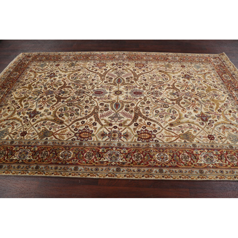 Tapis ivoire en laine noué à la main de conception unique 5 pi 11 po x 9 pi 3 po New Age