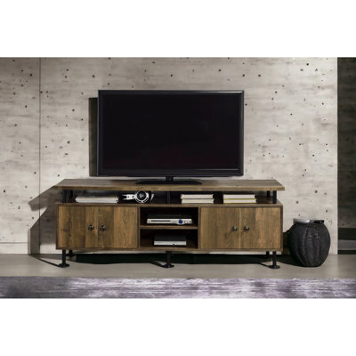 Tv Stand In Rustic Oak & Black Finish, Metal Construction, 4 Open Compartments Door Storages For 50 - 59 Inch Screens With Frame And Appearance, To Flat Screen Tvs