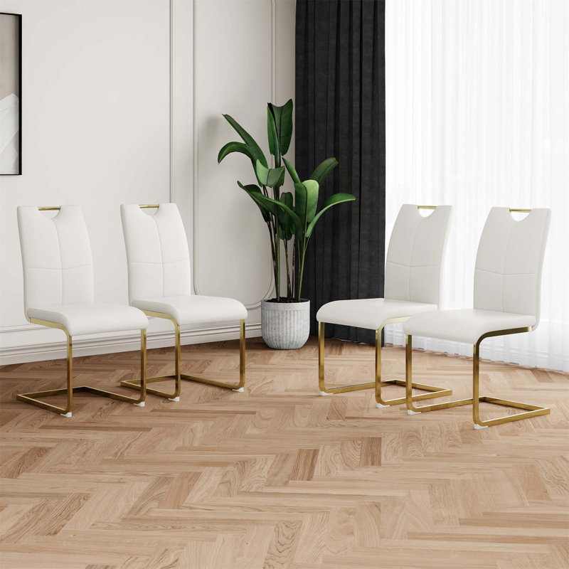 Ambernique 18.5'' H Faux Leather Upholstered Metal Side Chair, White, 4, Gold