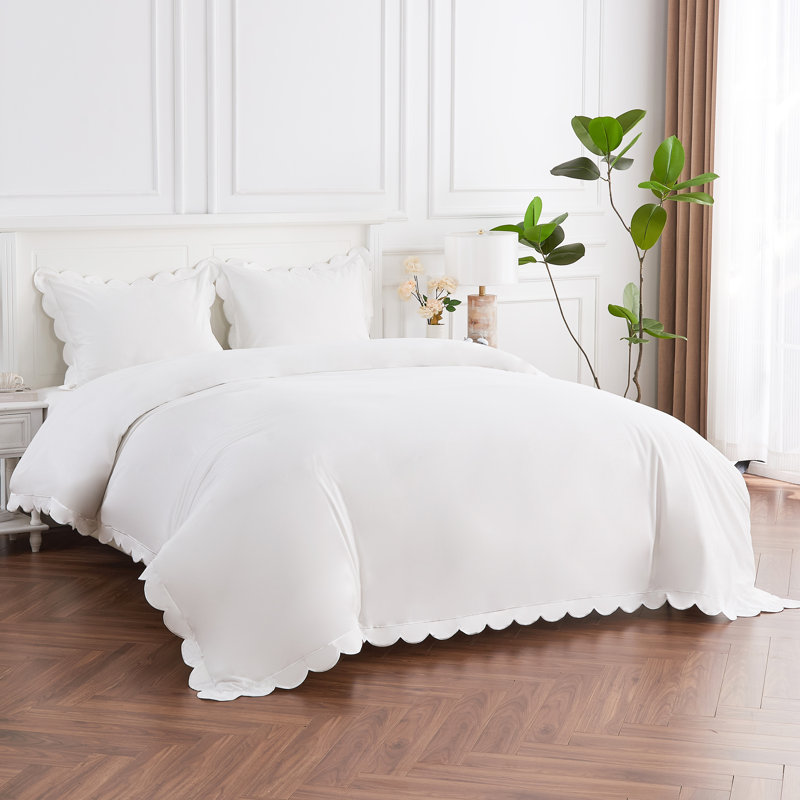 SCALLOP FRAME PERCALE DUVET SET, Twin Duvet Cover + 1 Standard Sham, White