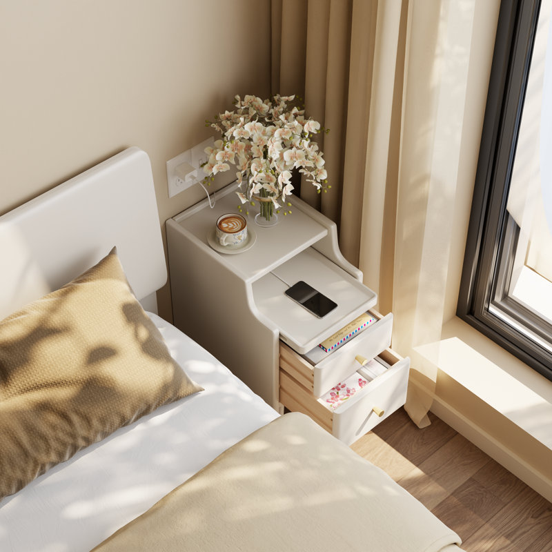 Narrow Solid Wood Nightstand with 2 Drawers, White, 11.81"W