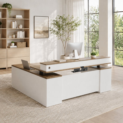  Bureau de direction 71 po en L avec tiroirs, prises de courant intégrées et panneau d'intimité, bureau de travail à hauteur réglable pour bureaux de direction et de bureau à domicile, bureau à domicile avec support pour écran