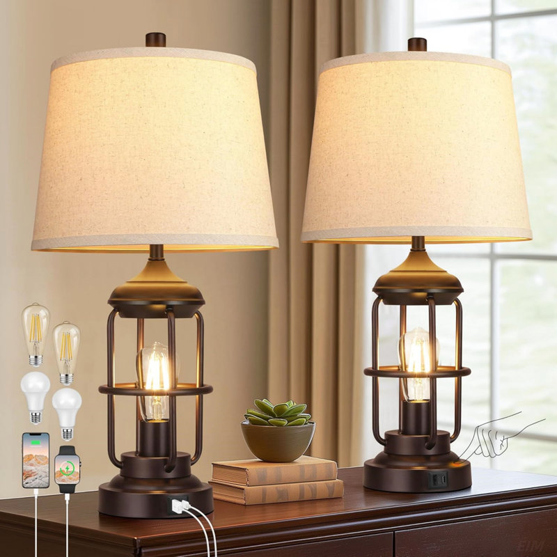 Ensemble de 2 lampes de table avec ports USB, lampe de chevet à intensité variable à 3 voies avec 2 lumières DEL et table de chevet rustique (ampoules 2700K incluses)