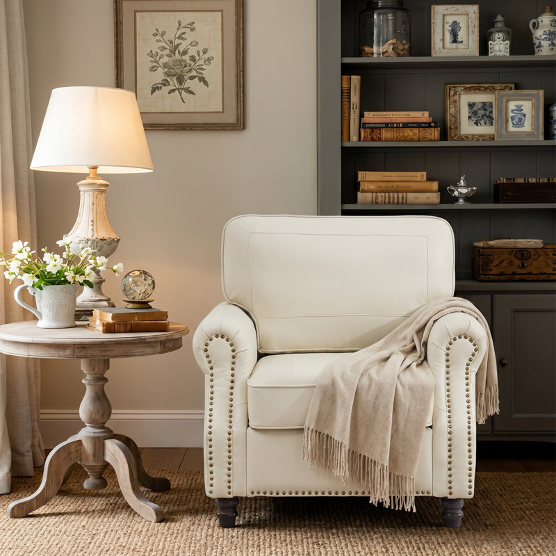 Amarius Faux Leather Rolled Armchair with Nailhead Trim, Cream