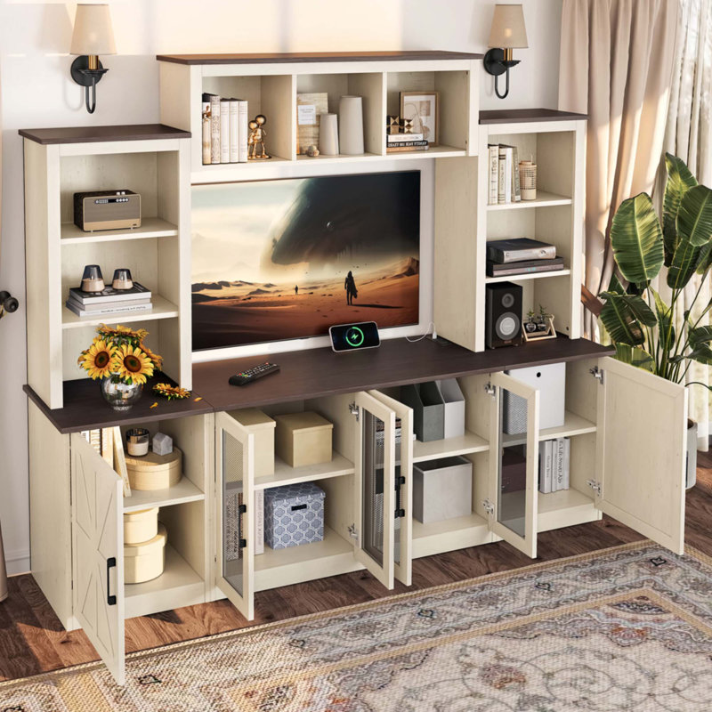 Meuble audio-vidéo mural avec station de charge et charge USB pour téléviseurs, Beige