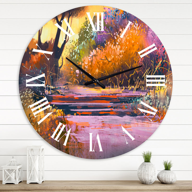 Paysage peint avec des arbres colorés dans la forêt - Horloge murale traditionnelle, Surdimensionné