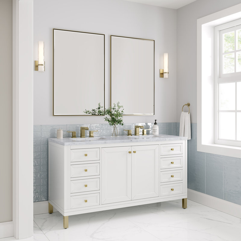 Chicago 60'' W Double Vanity, 8" Widespread, Eternal Jasmine Pearl, Glossy White