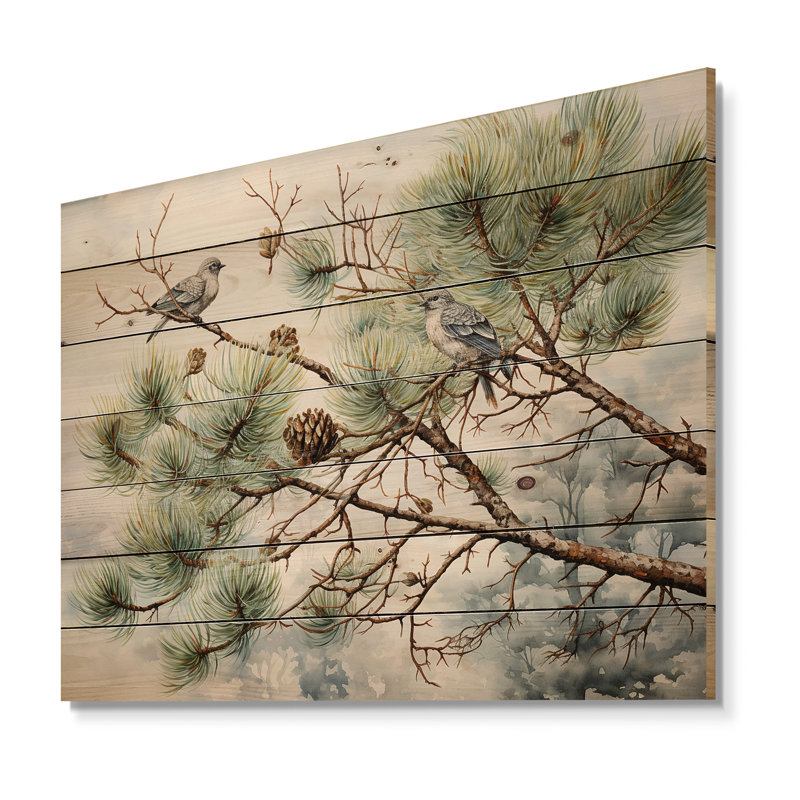 Oiseau sur pin I sur bois, H 30 po x l 40 po x P 0,78 po