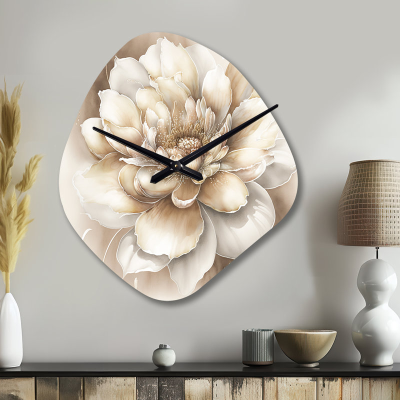 Horloge murale simple à motif floral unique en forme de fleur beige II, Grand