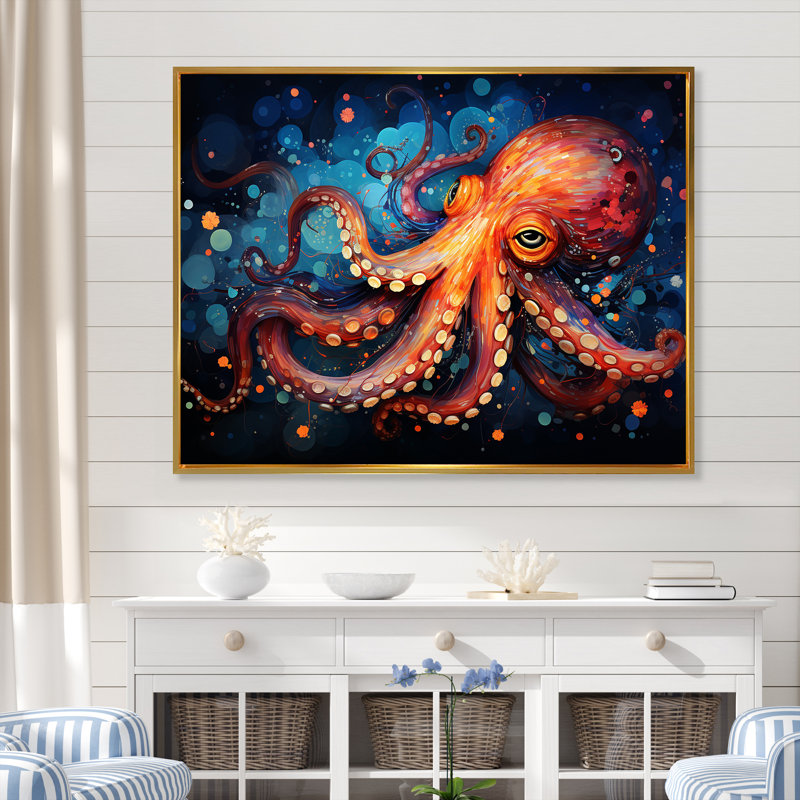 Octopus Expressionist Abyss I - Décoration murale pieuvre, Cadre flottant doré, H 24 po x l 32 po x P 1 po