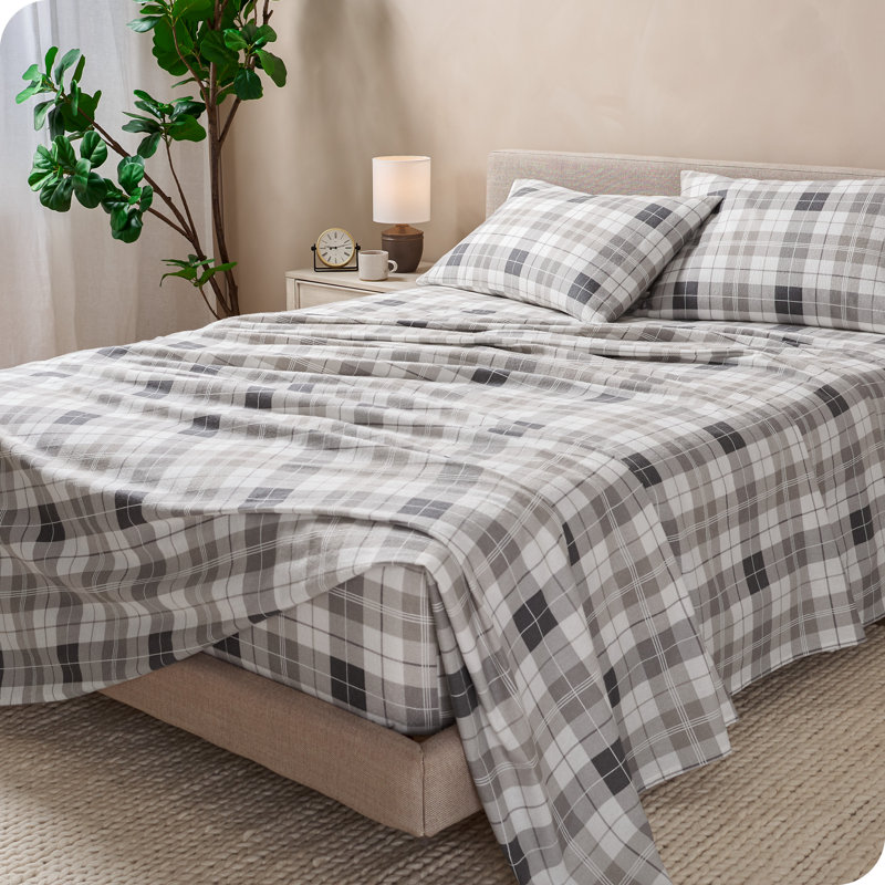 Ensemble de draps 100% flanelle de coton, Ensemble de draps pour très grand lit avec 2 taie, Tissu écossais de carrière