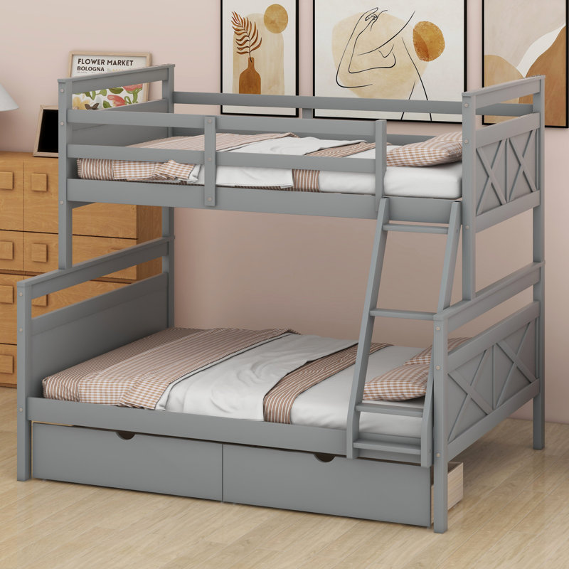 Lit superposé avec deux tiroirs de rangement, échelle amovible et barrière de sécurité, convertible en 2 lits séparés, Gris