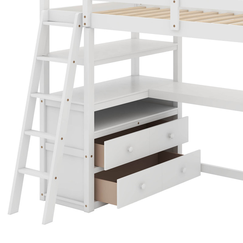 Lit mezzanine simple avec bureau et tablettes, Blanc