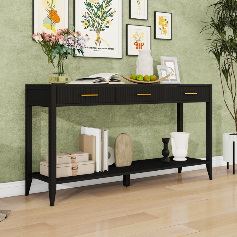 Console élégante avec 3 tiroirs, façade ondulée et tablette de rangement ouverte, Noir