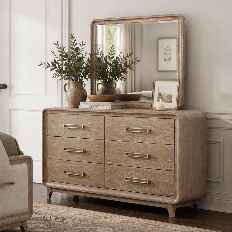 Commode à 6 tiroirs avec miroir et design moderne, fini naturel, meuble de rangement élégant pour chambre à coucher