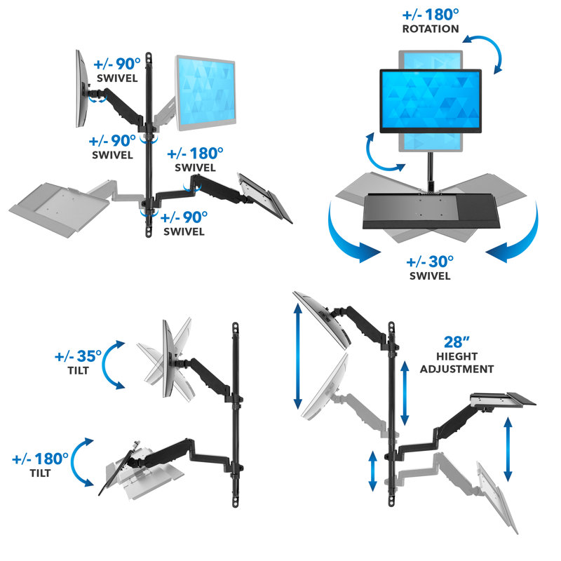 Black Steel Full Motion Wall Mount Workstation with Keyboard Tray