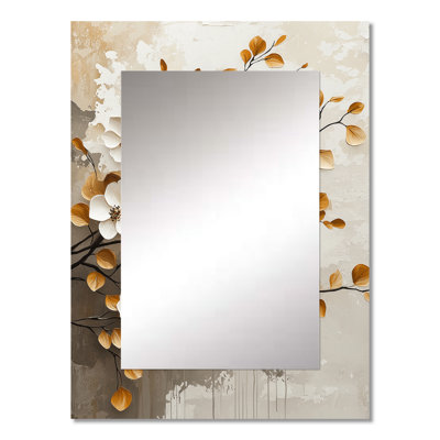 White Gold Botanical Cherry Blossom Trees - Cherry Blossom Wall Mirror, Traditional Decorative Mirror, Printed Metal Art