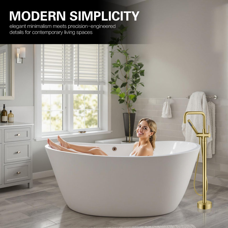 Freestanding Floor Mounted Bathtub Faucet With Hand Shower & Adjustable Tub Filler - S2154F, Finish, Brass Construction