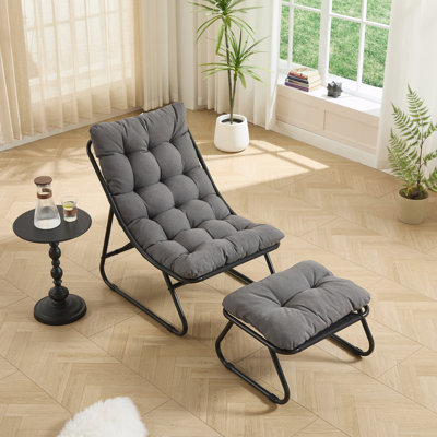 Méridienne d'extérieur pour patio avec repose-pieds, fauteuil inclinable confortable avec coussin gonflable et repose-pieds, idéale pour le salon, la chambre à coucher, la salle de lecture, structure noire avec coussin gris