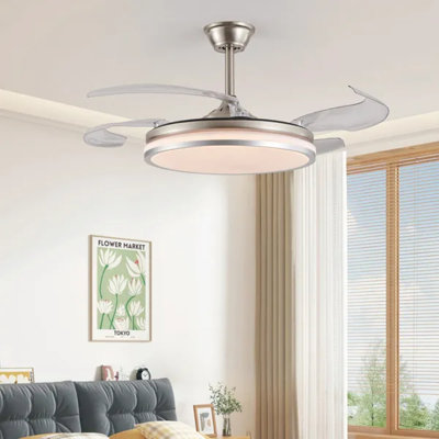 42 Inch 2-tiers Modern Led Ceiling Fan With Light And Remote Control, Retractable Blades, 6 Speed Adjustable, Silent Dc Motor For Living Room Bedroom Dining Room