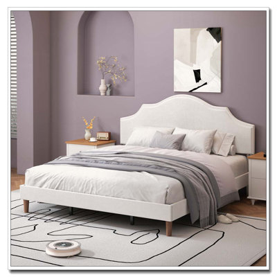 Très grand lit plateforme tapissier avec tête de lit ajustable et tissu en lin, aucun sommier nécessaire